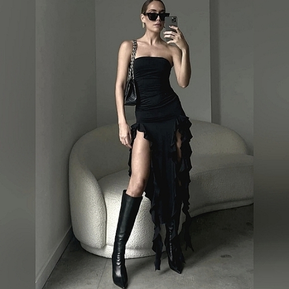 Sexy Y2K Black Stretch Maxi Date Dress Long Gown High Slit Ruffle Strapless LBD - Picture 2 of 14